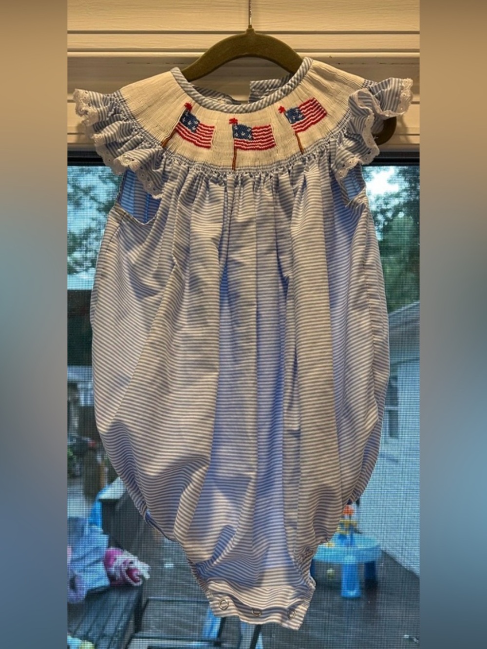 Smocked Baby Bubble Romper with Flag Motif - Blue & White